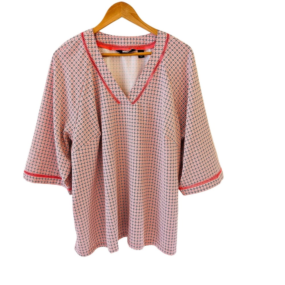 Lands End Geometric Tunic Top Womens 2XL Pink V Neck Kimono Sleeve Boho Coastal